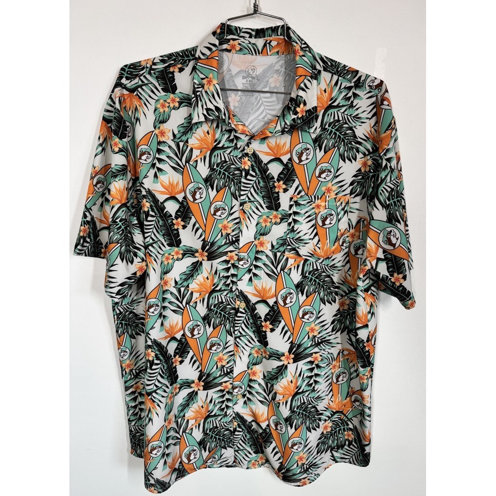 Buc-ees Men's Tropical Button Up Hawaiian‎ Shirt Size XXL Stretch Party Beaver